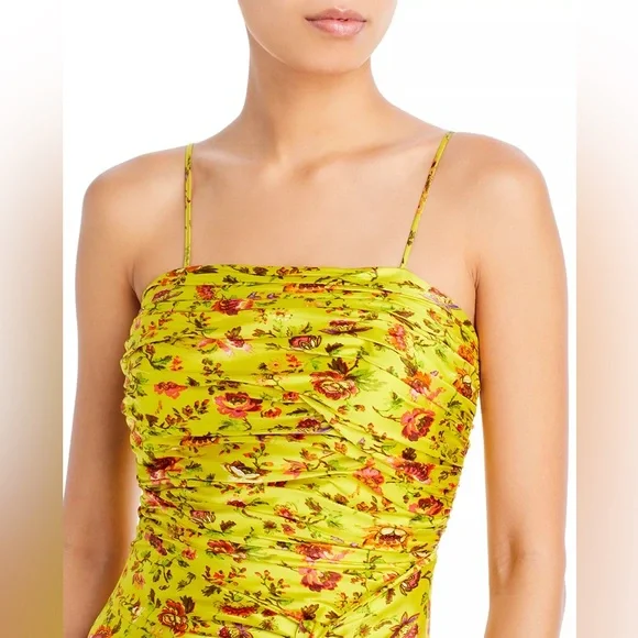 Cinq a Sept Katz Provence Dress 14 Yellow Floral Ruched Satin Midi Formal - Picture 5 of 16